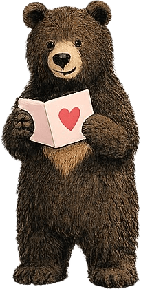 The Hearts4Hands bear, holding up a card with a heart on it